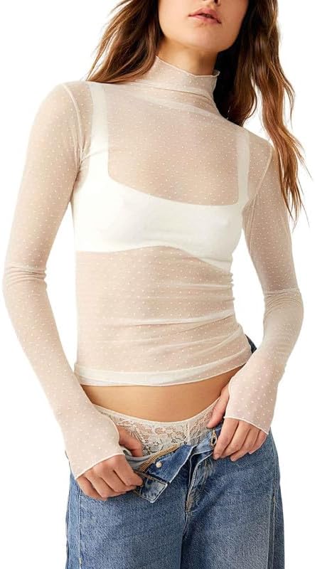 Sheer Mesh Short Sleeve Layering Top for Women Mock Neck Floral